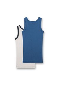 Two tank tops stacked: one blue with a smooth texture, the other white with black trim. Both have sleeveless designs and a snug fit.