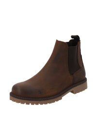 Bottine Chelsea en cuir brun avec des côtés élastiques, un bout arrondi et une semelle en caoutchouc texturé avec des crampons pour une meilleure traction. Tirant à l'arrière.