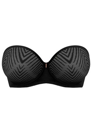 Zwarte strapless bh met een geometrisch patroon, gladde textuur en voorgemaakte cups. Bevat een kleine metalen accent in het midden.
