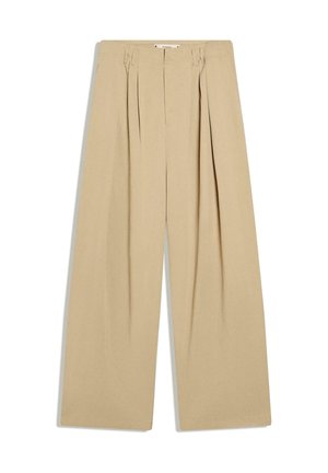 Beige wide-leg trousers with pleats at the front, belt loops, and a high waist, displayed flat on a white background.