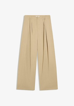 Beige bukser med vide ben, læg foran, bæltestropper og høj talje, vist fladt på en hvid baggrund.