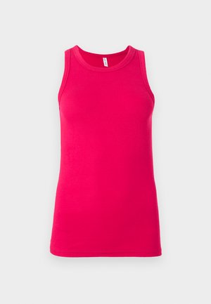 Utesnjena roza majica brez rokavov iz bombaža. Ima okrogel izrez in široke naramnice, z gladko in raztegljivo teksturo.