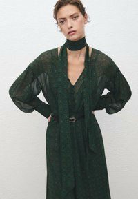 Groene jurk met patroon, een diepe V-hals, lange mouwen en een strikboord. Heeft een riem in de taille en een luchtige, doorschijnende textuur.
