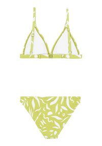 Dvojdielny bikiny set s svetlozeleným trojuholníkovým topom s bielymi vzormi a nastaviteľnými popruhmi, a zodpovedajúcim vysoko strihaným spodkom so podobným dizajnom.