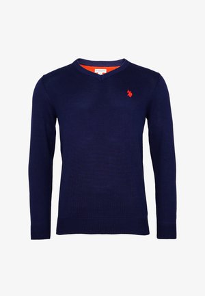 Maglione a maniche lunghe blu navy con scollo a V, logo ricamato rosso sul petto sinistro e polsini e orlo a costine.