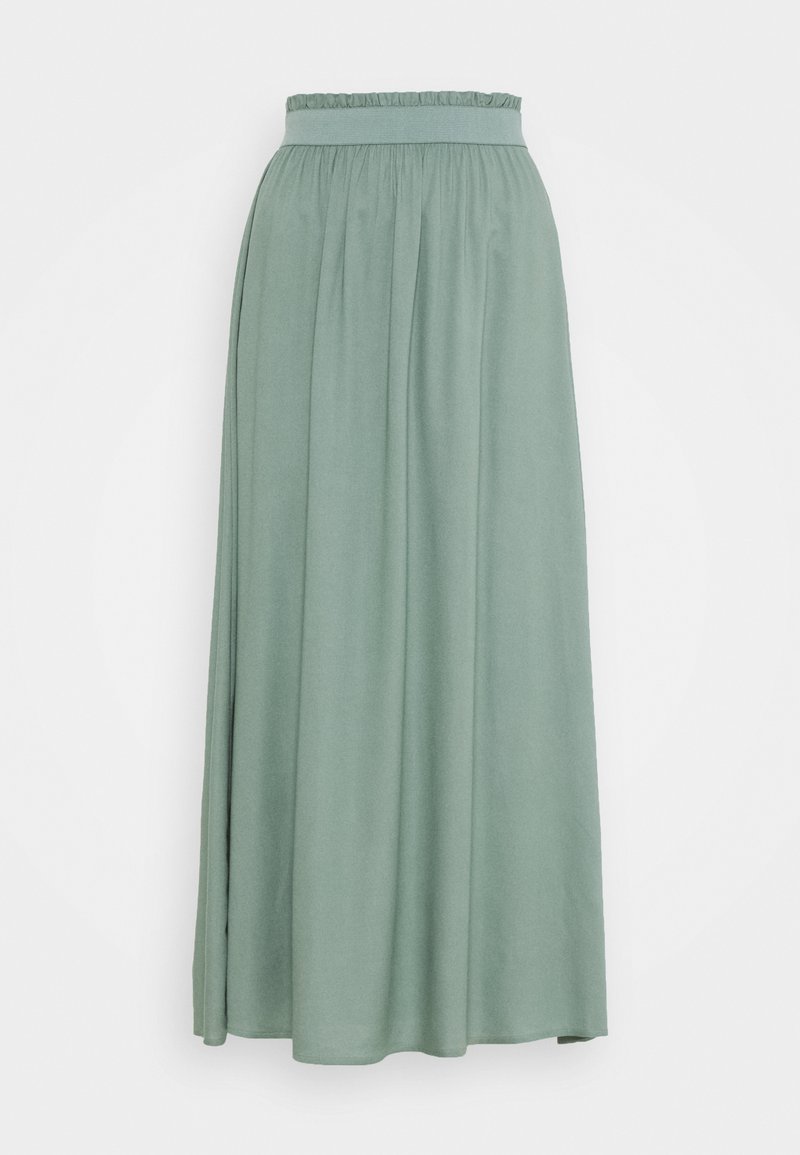 Jupe longue vert clair avec taille froncée et drapé en tissu doux, présentée sur un fond blanc uni.