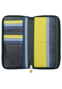 Portafoglio zip-around in pelle navy, verde, giallo e blu. Presenta molteplici scomparti per carte e una superficie liscia, con pannelli di colori a contrasto.