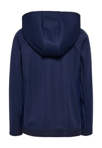 Mörkblå huvjacka med slät textur, långa ärmar och luva med dragsko. Har subtil märkning längs fållen.