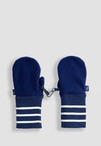 Moufles en polaire bleu marine avec des poignets tricotés rayés. Présente un clip de connexion pour un rangement facile. Texture douce et forme arrondie.