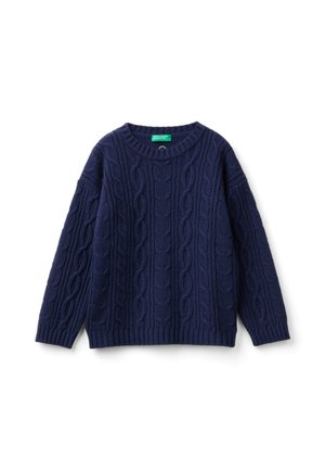 Maglione lavorato a maglia blu navy con motivo a treccia e polsini e orlo a coste. Presenta un colletto rotondo e una vestibilità comoda.