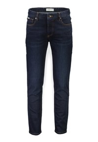 Jeans de denim azul oscuro con corte ajustado, que presentan sutiles desgastes, costuras naranjas, bolsillos frontales y cierre con cremallera.