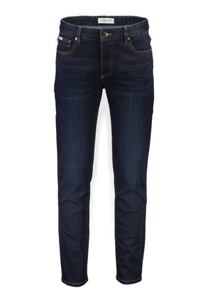 Granatowe dżinsy o slim fit, z delikatnym przecieraniem, pomarańczowymi przeszyciami, kieszeniami z przodu i rozporkiem na zamek.