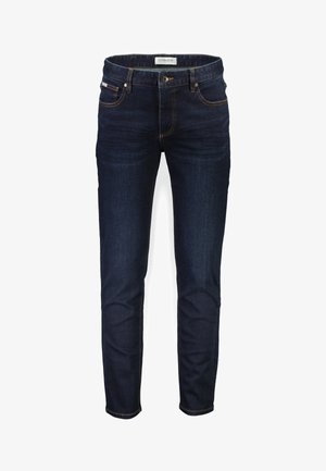 Granatowe dżinsy o slim fit, z delikatnym przecieraniem, pomarańczowymi przeszyciami, kieszeniami z przodu i rozporkiem na zamek.