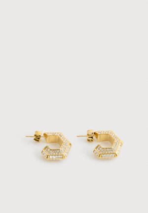 Gold hexagonal hoop earrings with clear rhinestones set on the outer and inner edges, featuring butterfly backings.