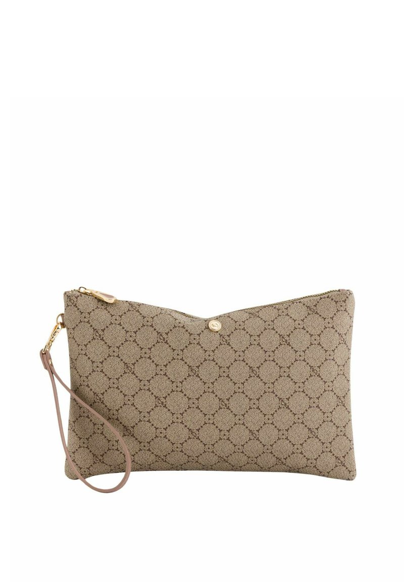 Beige stof clutch med geometrisk mønster, lynlåslukning og håndledsstrop. Har guldfarvet hardware og en subtil præget logo detalje.