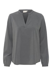 Blouse grise à manches longues avec un col en V, un tissu doux, une coupe décontractée et des poignets froncés pour plus de détails. Texture lisse sur l'ensemble.