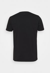 Black cotton T-shirt with a classic crew neck, short sleeves, and a straight hem, featuring a plain design without additional accents or patterns.
