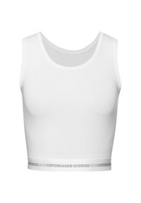 Biely bavlnený crop top s okrúhlym výstrihom a širokými ramienkami. Obsahuje šedý elastický pás s nápisom "Copenhagen Studios".