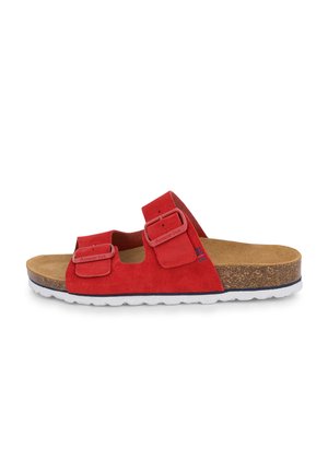 Sandale mule en daim rouge avec deux brides à boucle réglables, semelle intérieure en liège et semelle blanche texturée.