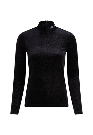 Black long-sleeve sparkle turtleneck top with subtle glitter texture and small embroidered signature near neckline.