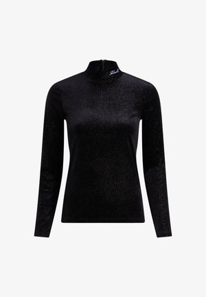 Top negro de manga larga con brillos, tipo cuello alto, con una sutil textura de purpurina y una pequeña firma bordada cerca del escote.