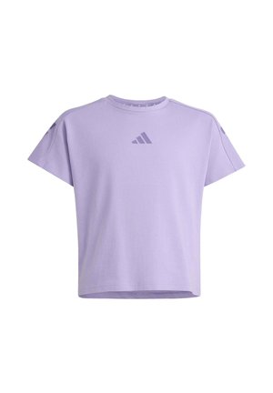Lavendelkleurig kort mouw cropped t-shirt met ronde hals en klein gecentreerd logo op de borst.