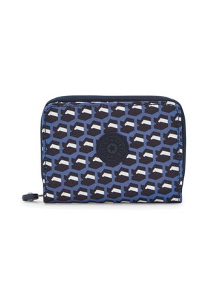 Zip-around wallet with a geometric blue and black pattern, featuring a textured surface and a circular logo detail in black.