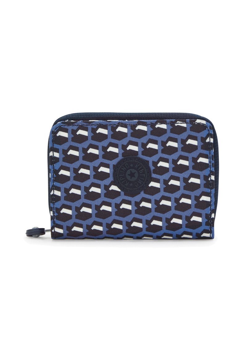 Zip-around wallet with a geometric blue and black pattern, featuring a textured surface and a circular logo detail in black.