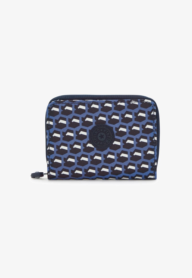 Zip-around wallet with a geometric blue and black pattern, featuring a textured surface and a circular logo detail in black.