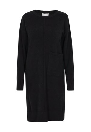 Juodas megztas kardiganas su ilgomis rankovėmis, raukšlėtais rankogaliais ir priekiniu kišeniu. Pasižymi tekstūruotu raštu ir kelių ilgio dizainu.