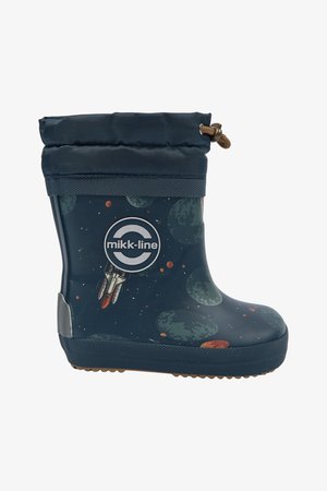 Botte de pluie bleu marine pour enfants avec imprimé sur le thème de l’espace, incluant des planètes et une fusée, et un cordon de serrage en haut.