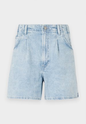 Light blue denim shorts with a high waist, featuring front pleats, two side pockets, and a button closure. Soft, textured fabric.