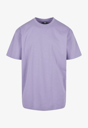 Helllila Baumwoll-T-Shirt mit Rundhalsausschnitt, kurzen Ärmeln und lockerer Passform. Keine sichtbaren Muster oder Akzente.