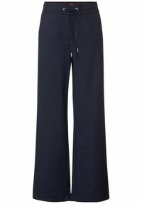 Marinblå vida byxor tillverkade av ett mjukt material, med ett elastiskt midjeband med dragsko, framfickor med slät yta och en jämn textur.