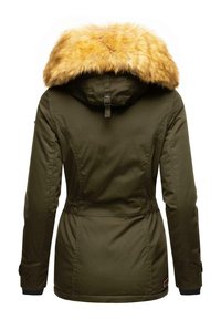 Olive green parka with a faux fur collar in a golden hue, cinched waist, and elastic cuffs. Features a hood and smooth texture.