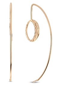 Goldfarbene Ohrringe mit einer glatten, elongated Form und einem strukturierten, kreisförmigen Akzent. Das offene Schleifen-Design verstärkt die Eleganz und visuelle Anziehung.