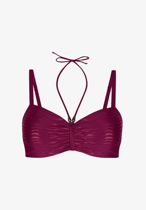 Burgundowy biustonosz bikini o prążkowanej fakturze, z przodem skręconym w detal oraz regulowanymi ramiączkami z wiązaniem z tyłu. Posiada dekoracyjne koraliki na środku.