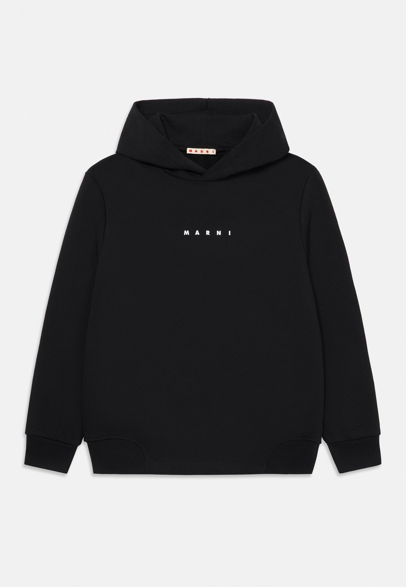 Felpa nera in tessuto morbido, con cappuccio regolabile e stampa del logo bianca sul davanti. Include polsini e orlo a coste.