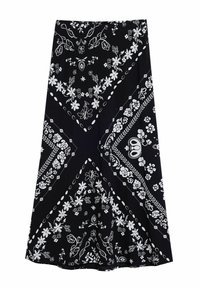 Musta hame, jossa on valkoinen kukkakuvio ja paisleymuotoilu. Materiaali on kevyt, ja hameen muotoilu on浮y ja liehuva, muodostaen laajahelmaisen. 