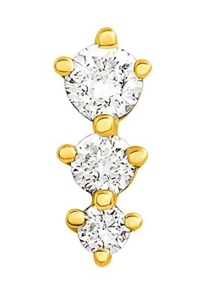 Pendiente de oro con tres piedras preciosas redondas y transparentes de tamaños descendentes, cada una separada por pequeños acentos de oro.