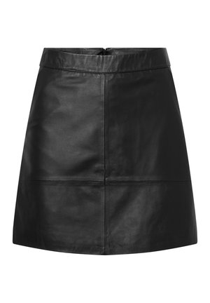 Gonna mini A-line in pelle nera con una consistenza liscia, dotata di una zip nascosta sul retro e dettagli a pannello cuciti.