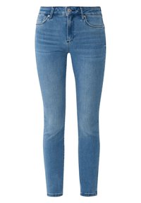 Jean en denim bleu moyen, coupe slim, avec bouton à l'avant, fermeture éclair, passants de ceinture et design à cinq poches sur fond blanc.
