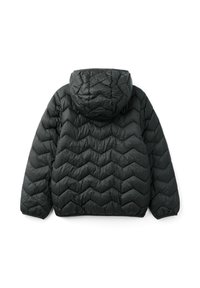 Černá péřová bunda s prošívaným zigzag vzorem, kapucí a elastickými manžetami. Měkký, lehký materiál s hladkým povrchem.