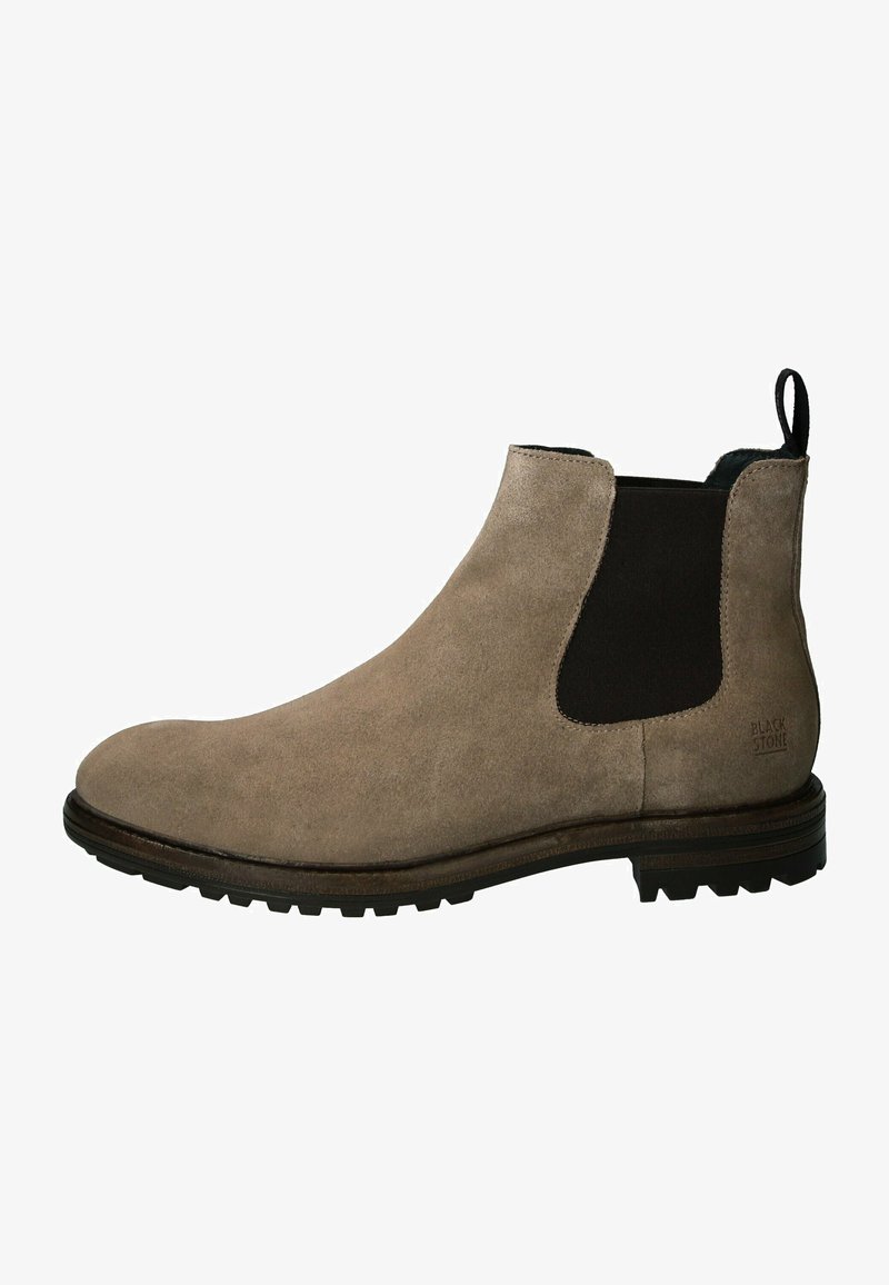Suede chelsea boot in light brown with a black elastic side panel and pull tab. Features a textured sole for grip and durability.