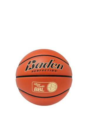 Pallone da basket arancione Baden con linee nere e loghi, inclusi "easyCredit BBL" e una grafica di basket su sfondo bianco.