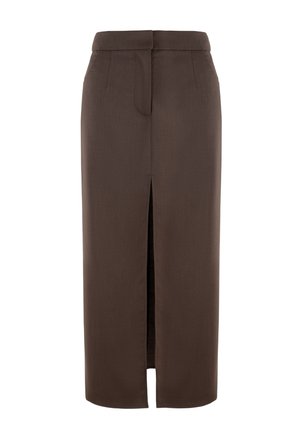 Bordeauxkleurige rok tot de knie met een split aan de voorkant, getailleerde pasvorm, gladde stoftextuur en zijzakken. Klassieke tailleband met geplooide accenten.