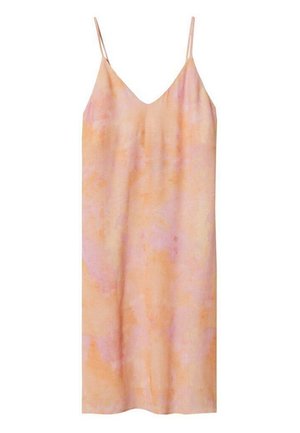 Růžovo- broskvová tie-dye šaty s tenkými ramínky, v výstřihem do V, vyrobené z hladkého, lehkého materiálu a rovného střihu.