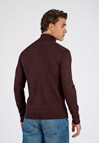 Maglione dolcevita color marrone scuro con maniche lunghe, collo e orlo a costine, abbinato a jeans di denim blu. Texture liscia, design aderente.