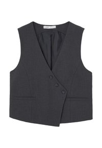 Szary kamizelka szyta na miarę, wykonana z teksturowanej tkaniny, z dekoltem w kształcie litery V, podwójnym zapięciem na guziki i dwiema przednimi kieszeniami.