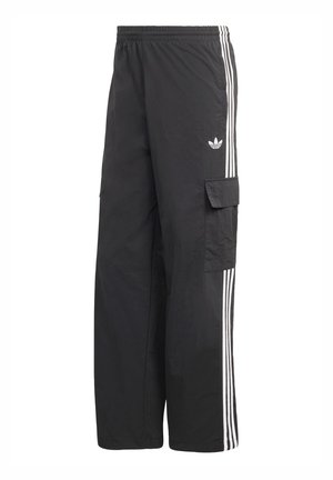 Svarta cargobyxor med vita sidoränder, elastisk midja och en sidoficka. Gjorda av ett lätt, texturerat material.